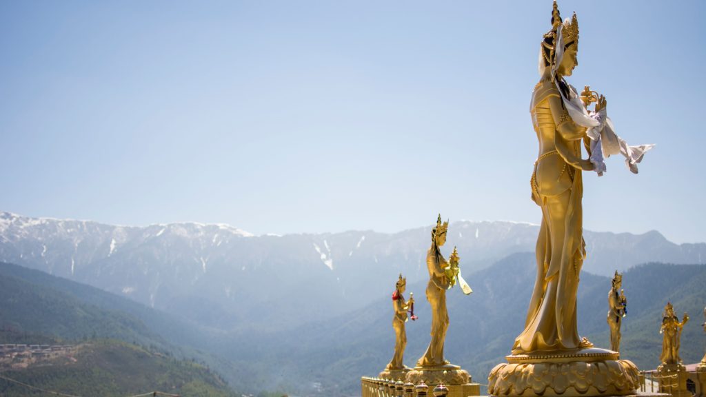 Gold statutes near Big Buddha point in Thimphu, Bhutan