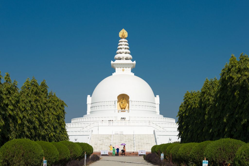 Lumbini, Nepal – Dec 10 2017 World Peace Pagoda in Lumbini, Nepal. Lumbini, the Birthplace of the Lord Buddha and The Eight Great Places