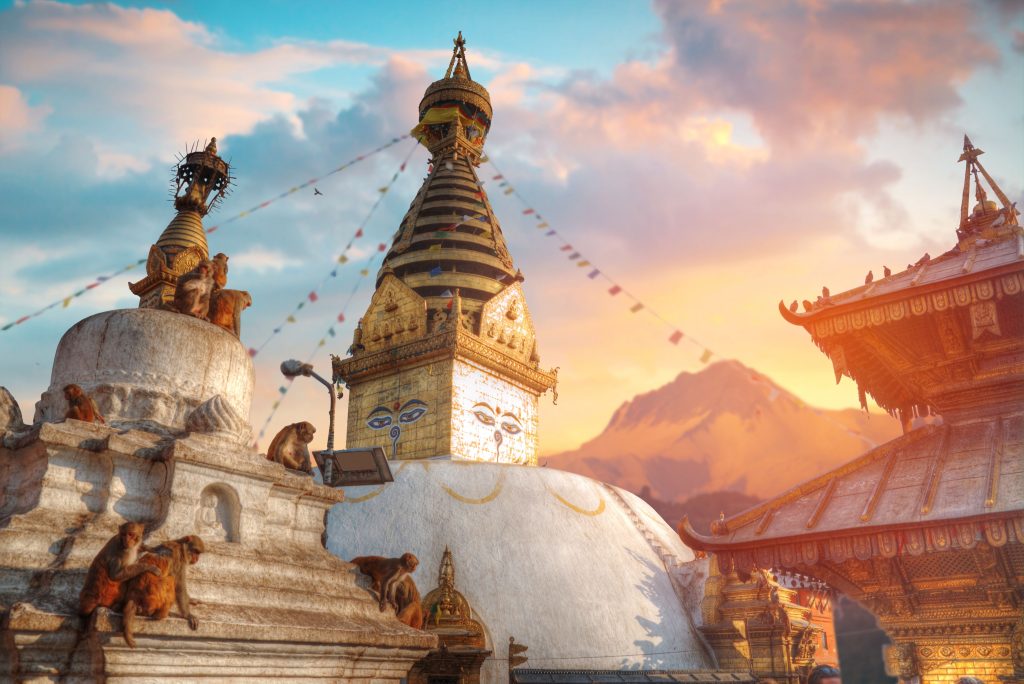 Swayambhunath – the Buddhist temple and the village center on the outskirts of Kathmandu in Nepal. Monkey Temple.